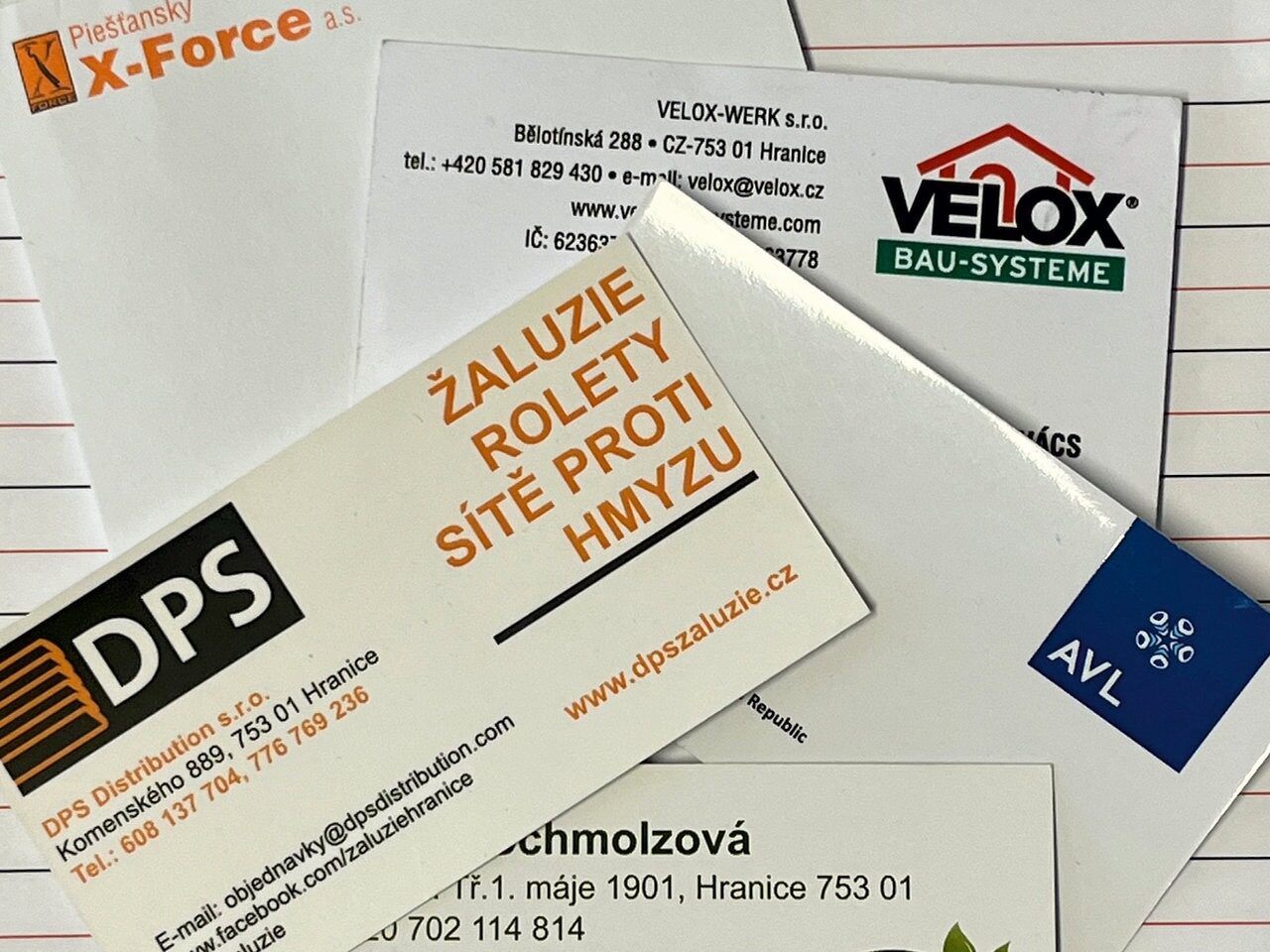 Vizitky reálných klientů: VELOX-WERK, DPS Distribution, TRYMEN, X-Force, AVL
